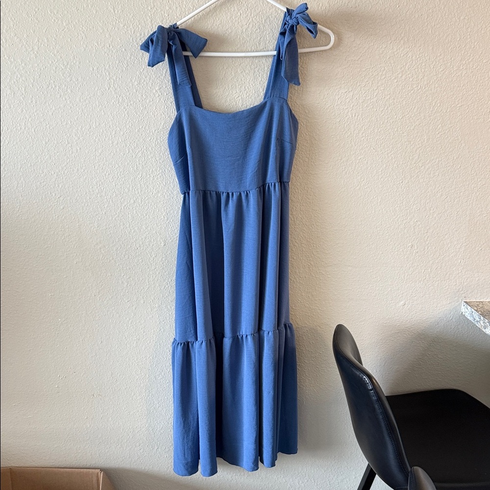 See You Monday Blue Midi Dress with Bow Straps - Picture 2 of 4